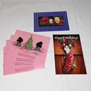 Leanin' Tree Native American Indian postcards VNTG Christmas Kitty Cat Stocking